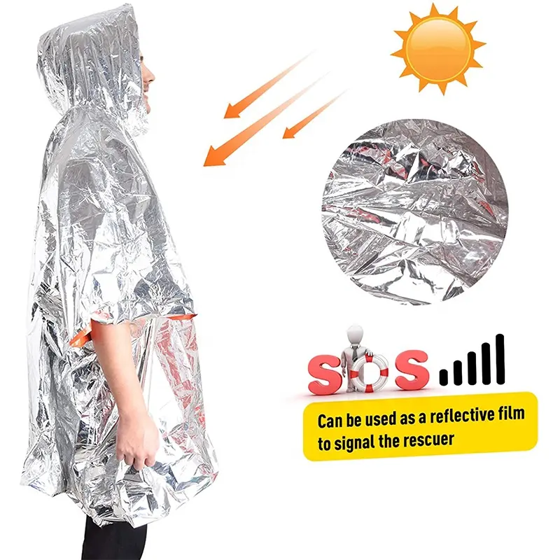 Impermeable de emergencia a prueba de agua, película de aluminio, Poncho desechable, aislamiento en frío, ropa impermeable, mantas, herramienta de supervivencia, equipo de Camping