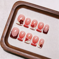 Faux Ongles à Presser en Acrylique Français Rouge Dégradé Faits Main, Peints à la Main en 3D avec Fleurs Rouges, Forme Carrée Moyenne, Style Doux, Fournitures de Salon, Vente en Gros
