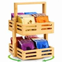 Organisateur de sachets de thé rotatif en bambou à 2 niveaux avec poignée pliable pour comptoir de cuisine et station à café