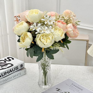 Fleur de pivoine artificielle, 9 branches, 6 têtes, en soie, haute simulation, décoration de mariage et de maison - Product Image 1