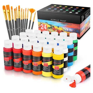 24 Colors 59Ml Acrylic Paint Sets Includes 12 Brushes for Christmas Canvas Ceramic Rock Painting Kit Art Supplies