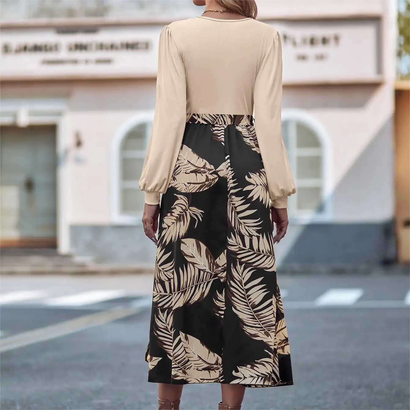 Hot Sell Woman's Lace Up Tunic Draped Tropical Leaf Print Vintage Maxi Dresses New Arrival fancy maxi dress with long sleeve mod