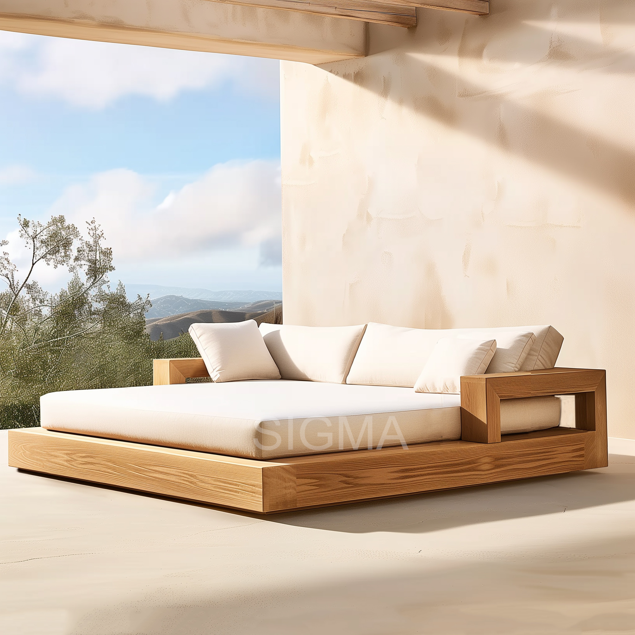 Wholesale Outdoor Wooden Furniture Poolside Waterproof Cushion Leisure Style Solid Teak Two Seats Sunbed