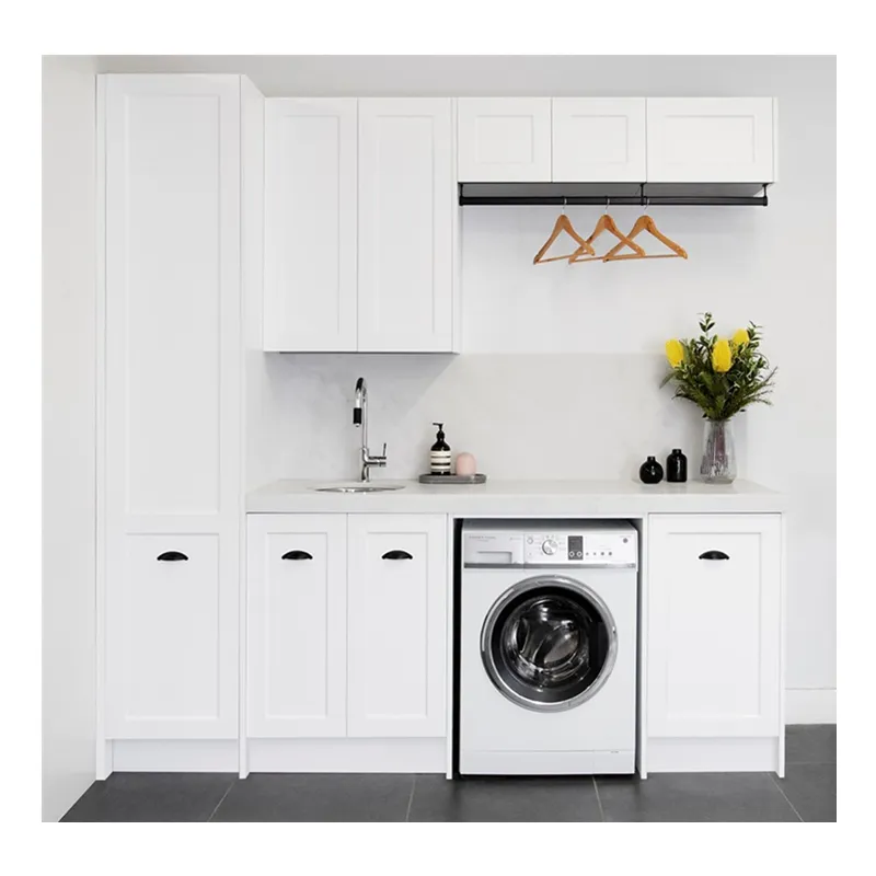 Cbmmart campainha branca, estilo camadas, pia, lavanderia, armário com máquina de lavar roupa, cozinha, lavanderia, armários