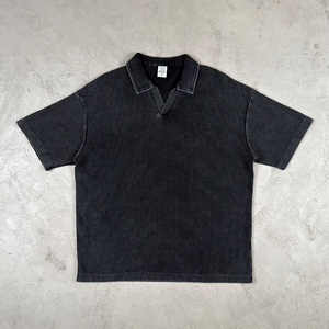 เสื้อโปโลผู้ชายแขนสั้นผ้าวาฟเฟิลสีดำ 230 แกรม แบบฟอกสีซีดจางสไตล์ Stone Acid Sun Faded พร้อมสำหรับพิมพ์ลาย DTG ตามสั่ง - Product Image 3