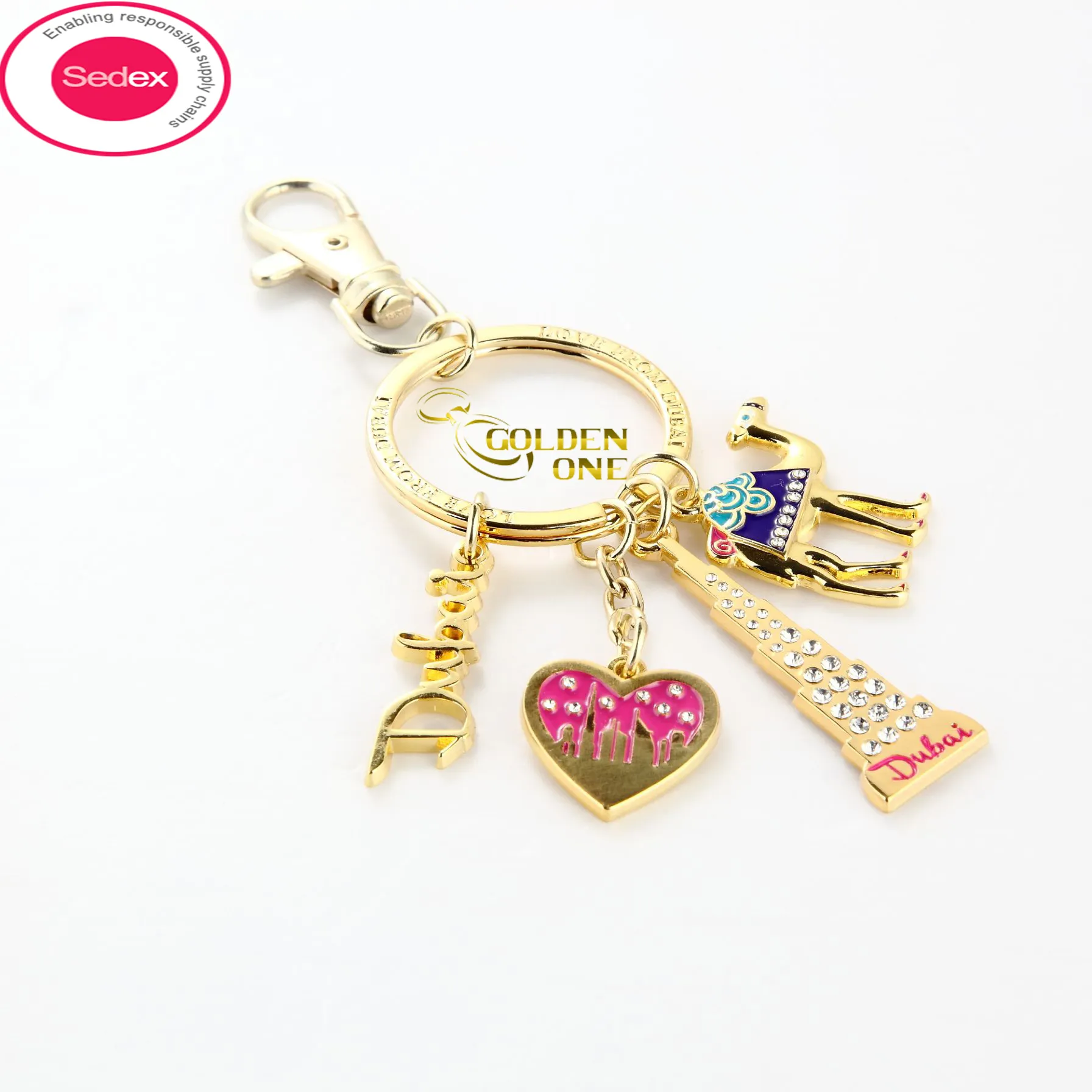 Low Price Accessories Enamel Keyring Shiny Gold Plated add Fake Diamond Letter Heart shape Burj Khalifa Tower Souvenir Keychain