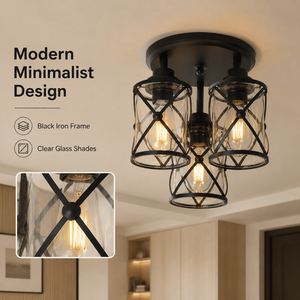 Plafonnier semi-encastré moderne à 3 lumières, en fer noir et verre transparent, E27, pour salon, chambre à coucher, couloir - Product Image 2
