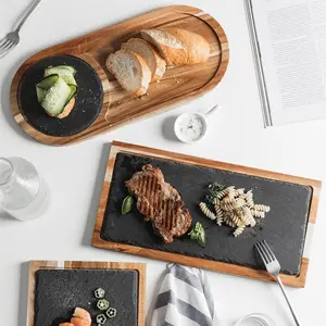 Customized Natural Black Round Squaer Slate Stone Wood Plate Cheese Board Sushi Steak Wooden And Slate Plates For Restaurant