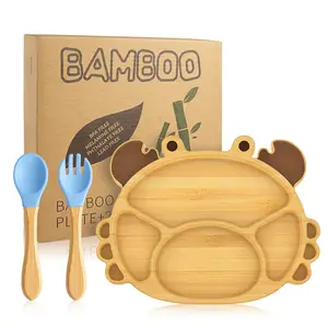New Arrival Baby Bamboo Suction Plate Bowl Feeding Spoon Fork Silicone Dinner Plate Bamboo Dishes Bib for Kids Tableware Set