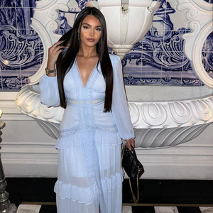 RNSHANGER Chic da donna Casual abito <span class=keywords><strong>Midi</strong></span> a manica lunga con volant Vintage abiti da festa di compleanno tinta unita da donna abito tinta unita - Product Image 4