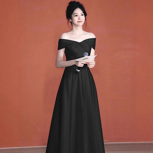 Black Off-Shoulder Evening Gown Empire Waist A-Line Simple Style For Coming Of Age Ceremony Petite Women - Product Image 1