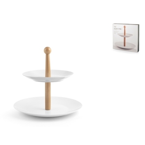 Soporte de Pastel de Porcelana de 2 Niveles con Asa de Madera Color Marfil - Product Image 1