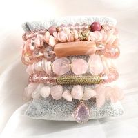 Bijoux roses pour filles mignonnes de la Saint-Valentin 6pcs bohème Quartz rose pierre naturelle coquille de verre perlée élastique drapeau américain ensemble de bracelets