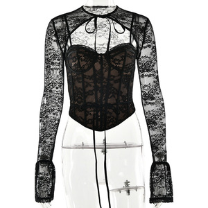 Top sin tirantes ajustado con lazo de encaje, lencería sexy de poliéster de color sólido para mujer - Product Image 5