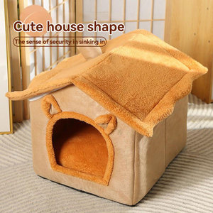 Grosir kandang kucing hangat musim dingin hewan peliharaan kecil lepas pasang rumah Vila tertutup sejuk dapat dicuci fitur bantal tempat tidur mewah anjing peliharaan - Product Image 3