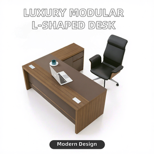 Escritorio Ejecutivo Modular en Forma de L Extensible de Lujo para 1 Persona - con Panel Convertible de Madera MFC Moderna para Uso en Villas - Product Image 2