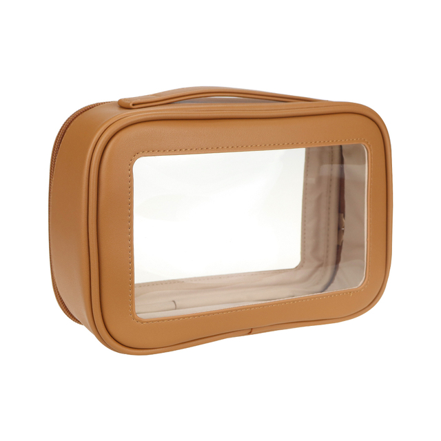 Eco-Friendly Clear TPU Cosmetic Bag Splash-Proof Poolside Travel Pouch Tan Vegan Leather Trim Custom Brand