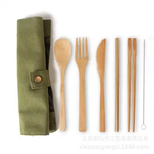 Набор дорожной посуды, экологически чистый бамбуковый набор столовых приборов, вилка, ложка, нож, соломинка и набор кистей