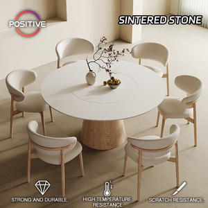 Mesa de comedor de madera maciza de estilo crema, piedra sinterizada redonda, minimalismo moderno, sala de estar, hogar, mesa de comedor, - Product Image 2