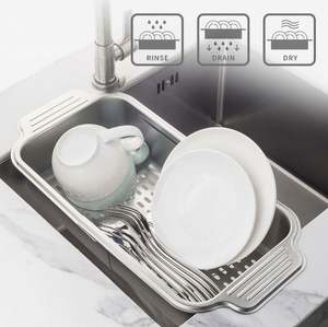 Panier d'égouttage rétractable double en PP, ABS, silicone et aluminium pour évier de cuisine, pour légumes, bols, baguettes et vaisselle - Product Image 2