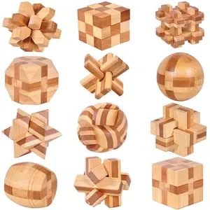 12 pcs脑筋急转弯拼图3D木制拼图IQ测试玩具解锁互锁立方体魔术智力去除组装