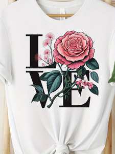 T-shirt da donna bianca con stampa Rose Love Letter, manica corta, girocollo, top casual floreale in jersey di cotone, lavabile in lavatrice - Product Image 3