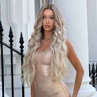Perruque Lace Front HD de luxe extra longue, 100% cheveux humains, nœuds simples, ondulée, Ombré Blond, racine ombrée, respirante, avec effet de fusion de la ligne des cheveux