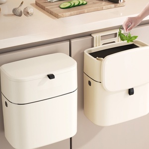 Cesto de Basura para Colgar en la Pared de la Cocina, Color Blanco Crema, con Tapa, Adhesivo sin Rastro de Plástico PP, para Uso Doméstico - Product Image 1