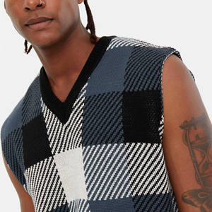Wholesale OEM&amp;DOM Custom <strong>Men</strong> Sleeveless <strong>v</strong> <strong>Neck</strong> Color Block Knit Top <strong>Black</strong> Check Fine Knit <strong>Jumper</strong> Vest - Product Image 4