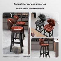 Tabouret haut en cuir marron avec pieds en bois massif, chaise de bar à dossier rembourré doux pour îlot de cuisine à la maison, café et bar