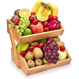 Cesta de frutas de bambú de 2 niveles, organizador de almacenamiento para encimera de cocina, soporte para condimentos y verduras, organizador de escritorio, forma rectangular - Product Image 1