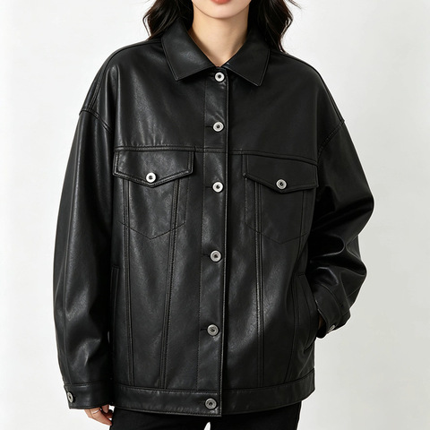 HN4179 2026 Autumn Unisex Lapel Vegetable-Tanned Sheepskin Jacket Vintage Denim Style Printed Back Leather Coat