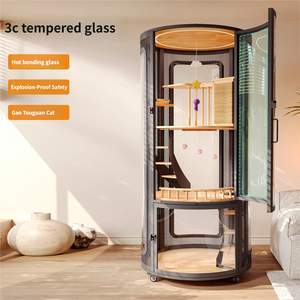 Villa pour <span class=keywords><strong>chat</strong></span> de luxe panoramique 360° circulaire, cage multi-niveaux en bois avec zone d'activités, base à roulettes, griffoir et jouet suspendu inclus - Product Image 2