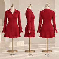 Robe Courte Décontractée Femme à Marque Blanche, en Maille Côtelée, Boutonnée sur le Devant, Col Chemise, Manches Longues Évasées, Coupe Ajustée
