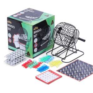 בינגו סט עם שבבי נייר 150 75 כדורים קורא מתכת 17 כרטיסי בינגו דו צדדי מתכת כלוב - Product Image 1