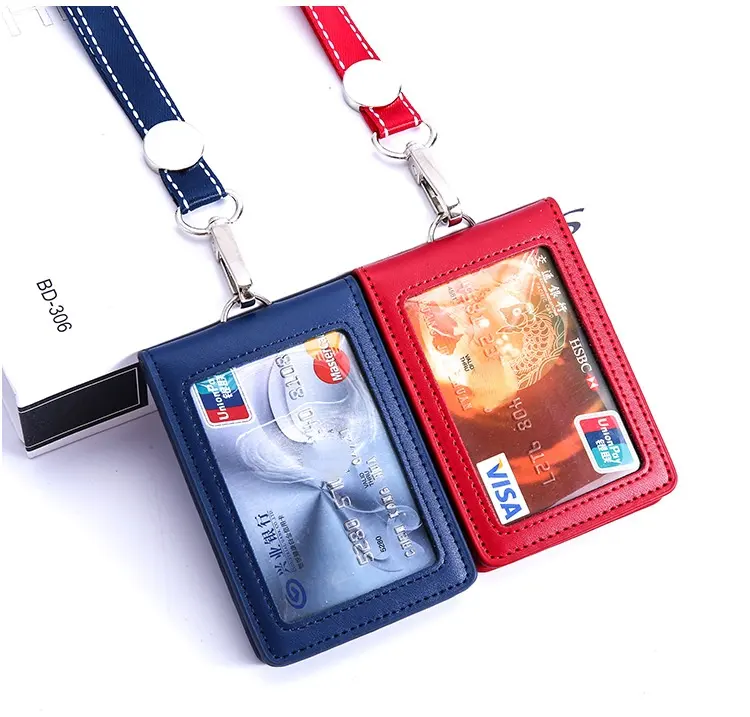 Quality Folding Style Leather Working Card Holder Vertical Double Card Slot ID Badge Holder With Lanyard