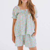Ensemble assorti décontracté en gaze de coton à imprimé floral, col carré, manches bouffantes et volants pour femme - Fabricant