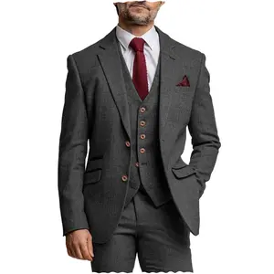 Britain Style Black Heren Suits Regular Fit 3-delige Prom Smoking Wollen Geruit Patroon Tweed Blazer Vest Broek Voor Bruiloft Grooms