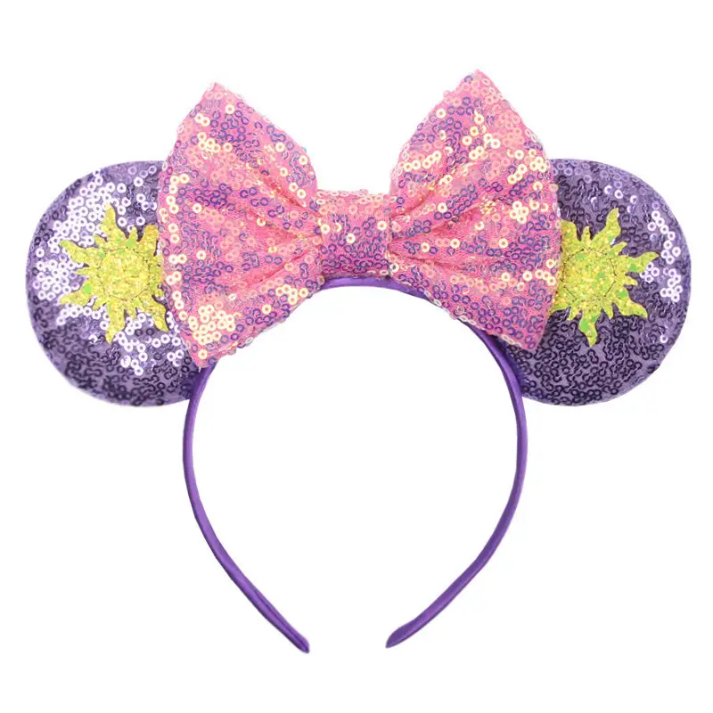 Diadema de ratón con lentejuelas para niña, accesorios para el cabello con lazo rosa brillante, diadema con orejas de Mickey de dibujos animados, 5 uds.