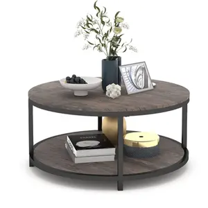 Table basse ronde de Style japonais, Table à thé pour salon, bureau en bois rustique à 2 niveaux et pieds en métal robuste avec étagère de rangement
