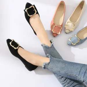 Cheap Fashion Solid Color Flat Bottom Pointed Metal Buckle Pedal Lady Girl Office Work Designer Women Shoes Flat Shoes Ladies