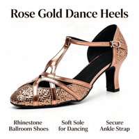 Chaussures de danse latine à paillettes bronze pour femmes, à bride en T, bout fermé, talons hauts, semelle souple en daim, pour Salsa, Tango, Danse de salon et Soirées