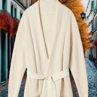 Langer Vintage-Cardigan für Damen mit geripptem Design, Schal-Kragen und Gürtel, atmungsaktiv, dick, aus Kaschmir, Wickel-Cardigan mit langen Ärmeln für Herbst und Winter