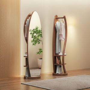 Modern Solid Wood Coat Rack with Mirror <b>Hooks</b> <b>Shelves</b> Freestanding Storage for Bedroom Living Room Furniture - Product Image 1