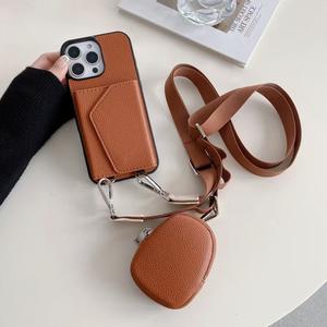 Étui de téléphone <span class=keywords><strong>en</strong></span> cuir de litchi avancé pour Apple 16 Pro Iphone15 <span class=keywords><strong>Samsung</strong></span> S24 Porte-cartes Miroir de maquillage Rangement Porte-monnaie Lanière bandoulière - Product Image 1