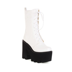 Botines Blancos con Plataforma y Tacón Grueso, Punta Redonda, Cierre de Cordones, Parte Superior de PU, para Todas las Temporadas, Envío Directo - Product Image 1