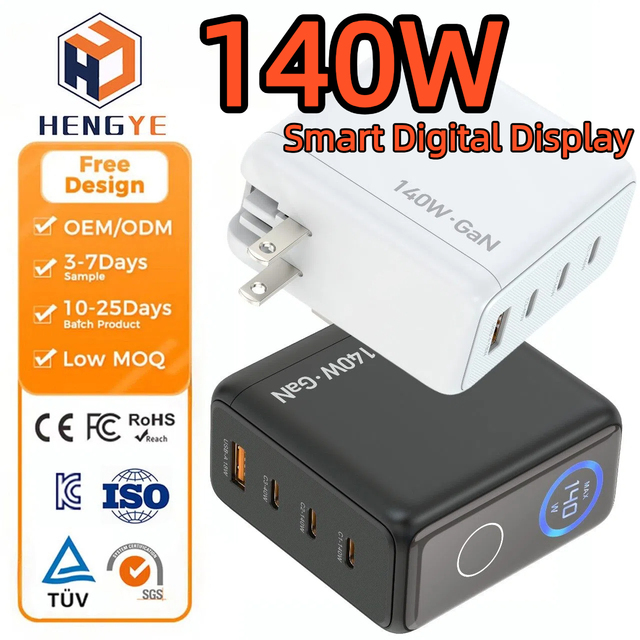 140W Charger USB GAN Charging Block 4 Port PD 3.1 QC Smart Power Allocation Universal Travel Adapter 140 w With Digital Display