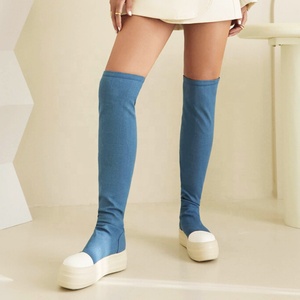 Thick Sole Latest Four Seasons Over the Knee High <b>Boots</b> Flat Over Jeans Long Booties Women Causal Denim Platform Shoes - Product Image 1