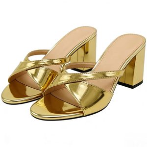 Sandali Estivi da Donna con <span class=keywords><strong>Tacco</strong></span> Alto, <span class=keywords><strong>Scarpe</strong></span> Dorate Semplici a Punta con Chiusura Slip-On - Product Image 1