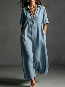 Nuovo Abito Estivo Casual da Donna 2026, <span class=keywords><strong>Vestito</strong></span> <span class=keywords><strong>Lungo</strong></span> Oversize <span class=keywords><strong>con</strong></span> <span class=keywords><strong>Spacco</strong></span> <span class=keywords><strong>Laterale</strong></span>, Bottoni, Scollo a V e Maniche Corte <span class=keywords><strong>con</strong></span> Polsini - Product Image 5